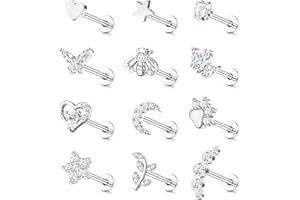 JEWEBELLA JewBella 12 Pièces 16G Piercing Oreille Cartilage pour Femme Homme Acier Chirurgical Filetage Interne CZ Lune Coeur Feuille Boucles d'oreilles Piercing Nez Labret Helix Tragus Argent/Or