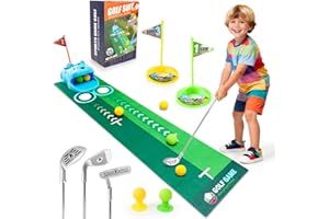 Funsland Juego de golf para niños: 3-8 juegos de mini golf para niños pequeños con rebobinado automático de pelotas de golf, 8 pelotas de golf, 3 palos, alfombrilla de putting – juguete deportivo para