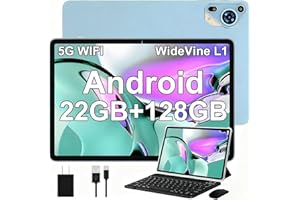 SKYEGG Tablet 10 Pulgadas Android 14, 22GB RAM + 128GB ROM Ampliable 1TB, Octa-Core 2.0GHz, FHD IPS, Widevine L1, WiFi 5G, GPS, 8000mAh, Cámara 5MP+8MP, con Teclado + Ratón + Funda, Azul Cielo