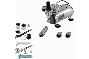 Agora-Tec® Airbrush kompletny zestaw EXPERT I.1, w zestawie sprężarka z 4 barami i 20 l/min + 2 pistolety natryskowe z igłami 0,2 i 0,3 & 0,5 i 0,8 mm + 2 szybkozłączki + 1 wąż + adapter