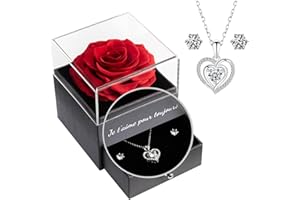 Yamonic Rosa Eterna con Juego de Joyas Brillantes, Regalo Cumpleaños Mujer, Rosa Eterna Natural Preservada,Te Amo para Siempre en Francés, Regalos de San Valentín para Ella,Rosa Real