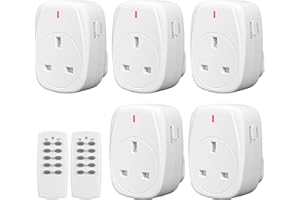 HBN Wireless Remote Control Plug Socket UK, 13A/3120W Remote-Control Outlet Sockets for Lamp,Wireless Remotes Light Switch with 30m/100ft Operating Range,5 Pack Sockets and 2Remote