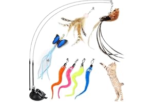 GIAPINST Giochi con Piume per Gatti, Giocattolo Interattivi per Gatto con 2 Canne Retrattili, 1 Forti Ventose e 7 Piume di Gatto di Ricambio