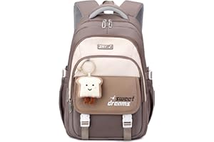 Amythe Schulrucksack Teenager - 36L Schulranzen für Mädchen ab 5. Klasse, Großer Rucksack für Mittel- und Oberstufe, Lässiger Kinderrucksack mit Süßem Anhänger und Trolleyband, Braun