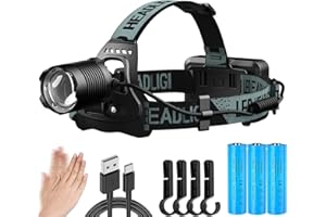 ‎ASORT ASORT Stirnlampe LED wiederaufladbare, superhelle 20000 Lumen Zoombar Kopflampe, 3x18650 AKKU 6000mAh, 8 Lichtmodi, mit Gestensensor, IPX67 wasserdicht, für Arbeiten, Outdoor, Camping und Angeln