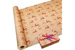 DOJoykey Carta da regalo natalizia da 16m, carta da regalo natalizia con motivo alci Carta da regalo riciclabile Kraft per la decorazione della festa del regalo di Natale