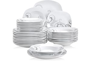 Veweet ZOEY 36pcs Assiettes Pocelaine Service de Table 12pcs Assiettes Plates 24,7cm, 12pcs Assiette Creuse 21,5cm, 12pcs Assiette à Dessert 19cm Vaisselles pour 12 Personnes Cadeau Fête