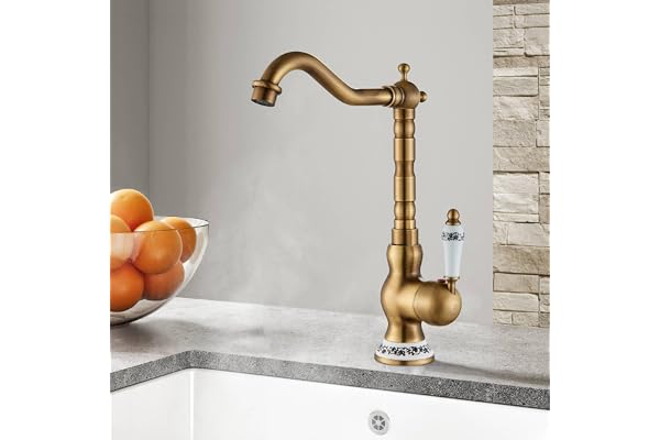 Saeuwtowy Robinet Mitigeur de Cuisine et Salle de Bains en Cuivre Antique - Levier Unique, Bec Pivotant, Style Rétro pour Évier et Lavabo