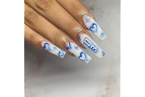 Luvadeyo 24 Pcs Valentine's Day Press on Nails Medium Length Fake Nails Acrylic French Blue Heart Letter Exquisite Luxury Design Fashion Romantic