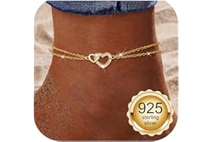 Milacolato Bracelets Cheville Femme Argent 925 Délicat CZ Trombone Coeur Superposé Imperméable Bracelets de Cheville Or/Argent Réglable Extra Large Chaine de Chevillere De Plage Pied Bijoux