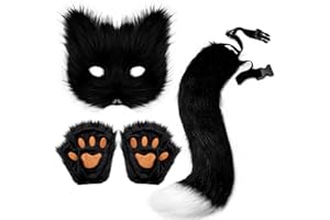 MINGZHE Foxs Therian Maska ​​i Ogon, Maska ​​zwierzęca Furry Therian Foxs Mask, Maska ​​kota na maskaradę, Pluszowe Maski Puszyste łapy Rękawiczki, Halloween Christmas Party dla