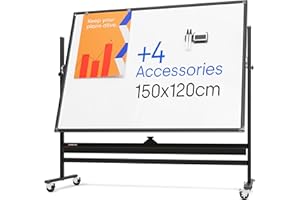 KAMELLEO Rolling Magnetic Whiteboard 150 x 120 cm - Large Portable Dry Erase Board with Stand - Double Sided Easel Style Whiteboard with Wheels - Mobile Standing Whiteboard for Office, Classroom & Home