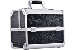 FUNIME Large Black Faux Crocodile Aluminium Vanity Make-up Cosmetic Box Case for Nail Hair Salon Jewelry with 4 Long Tray / Clasp Lock with Keys (Black Corc)