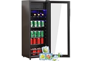 Merax Kühlschrank 128L, Freistehend Getränkekühler mit 120L-Kühlschrank + 8L-Gefrierschrank, mit LED-Innenbeleuchtung und Verstellbare Einlegeböden, Superleise für Restaurant, Bar, Getränke und Bier