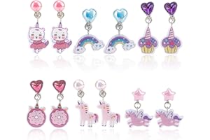 MIKOVIVI 6 Paires de Boucles d'Oreilles à Clip pour Fille, Boucles d'Oreilles non Percées avec Coussinets d'Oreille Motif Arc-en-Ciel de Lapin Papillon Mignon à Clip non Perforées