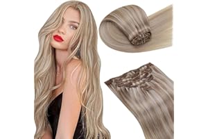 LaaVoo Extensions Cheveux Naturel a Clip 40cm Blond Cendré Mèches Blondes Décolorées Extensions Clip Cheveux Humain Clip in Hair Extensions Full Head #18/613 120g/7pièces