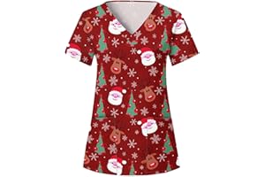 HSUAYEUD Women's Scrub Top Casual V Neck Christmas Print Short Sleeve Loose Workwear Xmas Blouse Uniforms Scrub Tops with Pockets