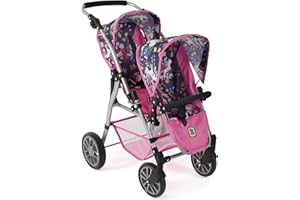 Bayer Chic 2000 - Passeggino gemellare per bambole Twinny, passeggino gemellare per bambini dai 4 agli 8 anni, unicorno, rosa navy, 691-43