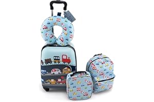 COSTWAY 5 teiliges Kinderkoffer + Rucksack, Kindertrolley mit Lunchbox, Gepäckanhänger & Nackenkissen, Kindergepäck mit Rollen, Handgepäck Reisekoffer Hartschalenkoffer für Jungen & Mädchen (Blau)