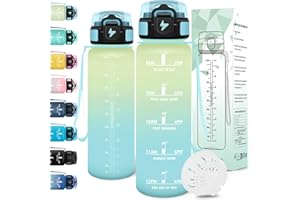 Motswedi Botella agua 1 litro, Reutilizable, Cantimplora, a Prueba de Fugas, Botella agua Gimnasio, con Marcador de Tiempo, botellas Gympara Deportes, Gym, Yoga, Oficina, Blanquecino Azul Claro