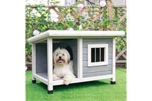 Petsfit Domek dla psów, drewniane budy dla kotów na zewnątrz ze stalowym oknem, domek dla zwierząt domowych z jednym pokojem i jednym salonem, domki dla psów na dach asfaltowy na zewnątrz