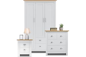 Blisswood Bedroom Furniture Set 3 Piece Bedroom Set With 3 Door Wardrobe & 2+2 Drawer Chest of Drawer + 2 Drawer Bedside Table Cabinet for Bedroom Furniture Set (White & Oak)