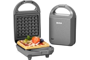 ‎BEZIA Waffeleisen Klein Belgisches Kontaktgrill, Mini Elektrischer, mit Antihaftbeschichtung, Panini, Platzsparendes, für Kindergeburtstage, Familienfeiern, 600W Grau BEZIA