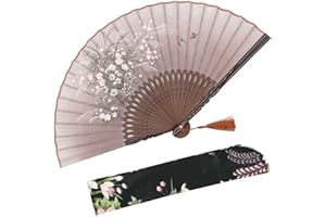 OMyTea - 'Grassflower', Faltbarer Handfächer für Frauen. Japanischer/Chinesischer Retrostil. Mit Schutzbeutel aus Stoff. braun