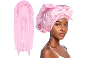 Abeillo Lange Satin Zopfhaube, Lange Satinhaube mit Knöpfe für Damen, Große Seidenhaube zum Schlafen, Satin Haarhaube Nacht, Haube mit Bindeband, Schlafhaube für Langes Lockiges Haar, Zöpfe (Rosa)