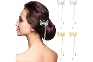 Amaxiu Lot de 4 pinces à cheveux papillon en métal avec 4 pompons, pinces à cheveux papillon dorées avec ailes mobiles 3D pour femme, pinces à cheveux pour mariage (doré + argent)