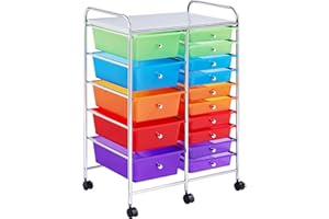 Yaheetech 15 Drawers Plastic Storage Cart, Multipurpose Mobile Organizer Unit with 4 Lockable Wheels, Utility Rolling Trolley for Home Office School Salon & Beauty, Multicolor