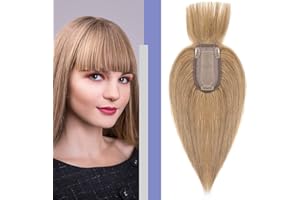 Elailite Flequillo Protesis Capilar Mujer Pelo Natural Clip Postizos Postiza Hair Topper Toupee Capilares Encaje Base 7cm*13cm Cabello Humano 15cm 27g #27 Rubio Oscuro