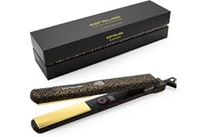 Corioliss C-Style | Plancha del Pelo | Placas de Titanio | Control de Temperatura 165º-220º | Iónica Antifrizz | Alisado y Ondas | Calentamiento 30 Seg | Cable Giratorio (Leopard Gold)