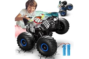 PENGBU RC Voiture télécommandée, monstertruck 1/16 avec stomp et rotation à 360 °, requin monstertruck télécommandée avec spray, lumières, musique, 15 km/h, RC Monster truck avec 40 minutes de temps de jeu,