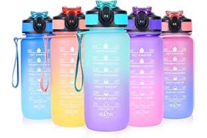 SUPPRUI Water Bottles with Straw,600ml Kids Water Bottle with time markings,Motivational Drink Bottles Leakproof and BPA-free (Green)
