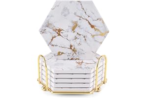 GEICHAN Marble Coasters for Drinks, Gold Coasters for kitchen,6pcs Absorbent Ceramic Coasters for Living Room,Home Decor,Housewarming Gifts
