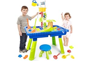 KalaDuck Mesa de Arena y Agua para Niños, 2 en 1 Mesa de Juego Agua con Juguetes de Playa y Silla, Mesa Actividades de Jardín Arenero Exterior Juguete de Verano para Niños Niñas