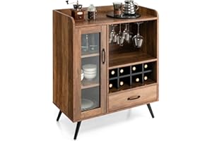 ‎KOMFOTTEU KOMFOTTEU Weinschrank mit Glashaltern & Weinregal, Barschrank Vintage mit Glastür & Schublade, Aufbewahrungsschrank Holz, weinständer 80 x 40 x 95 cm für Küche, Esszimmer, Bar
