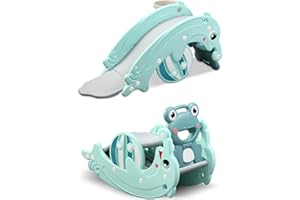 ‎CLAMARO Clamaro 'Delphin' 2in1 Kinder Rutsche Wippe Kombination, Schaukeltier einfach umdrehen und aus der Wippe Wird eine Kinderrutsche für drinnen und draußen (ohne Umbau) - inkl. Basketballkorb - Mint