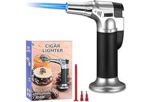 DBZQSCW Butane Torch Lighter,Fits All Butane Tanks,Refillable Blow Torch Kitchen Cooking Torch with Safety Lock Adjustable Flame for Creme Brulee BBQ Baking—Butane Gas Not Included (Silver)