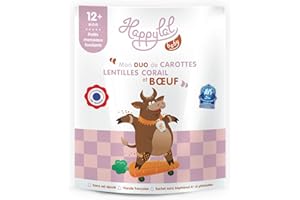 Happylal Baby Repas Halal Bébé 12 mois | Duo de Carottes, Lentilles Corail, Bœuf | Petits pots Certifiés Halal | Diversification alimentaire bébé | Fabriqué en France | Lot 10 x 220g