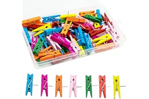 SZXMDKH Push Pins with Wooden Clips - 50PCS Wooden Pegs with Pushpins, Multicoloured Drawing Pins - for Cork Boards Notes Photos Display Wall (with Storage Box)