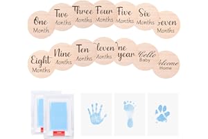 HYZEVEE 13Pcs Wooden Baby Monthly Milestone Marker Discs | Baby Handprint and Footprint Kit 2 Pack | Hand and Footprint Kit | Double Sided Baby Milestone Cards, New Parents Gift Set, Blue