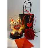 Romantik Hediye - Işıklı Fanus i&ccedil;inde Sevimli Ayıcık - Işıklı Fanus (9x13 cm) (Hediye Kalp Anahtarlık)