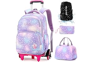 Voici et Voila Mochilas Escolares con Ruedas Carro para Mochilas Escolares Niña Niños Grande Bolsas Escolares 6 Ruedas Trolley Bag Mochila Infantil Lilas 32x18x45CM