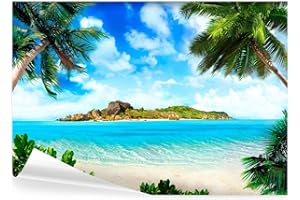 decomonkey - Papier Peint Panoramique Plage Mer 200x140 cm - Décoration murale moderne – Tapisserie décorative pour chambre salon - Été mer nature bleu palmiers paysage plage eau