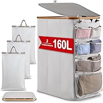 Cesto Portabiancheria BAKAJI 3 Scomparti Pieghevole - Grigio Chiaro, Tessuto E Metallo - Foto 8