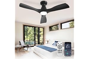 ‎DEPULEY Depuley 42-Zoll-Deckenventilatoren mit Licht: Schwarz 3 Flügel Flush Mount Low Deckenventilator für Schlafzimmer - Dimmbarer Innenventilator mit APP-Fernbedienung Ultraleiser DC-Motor Zeitschaltuhr