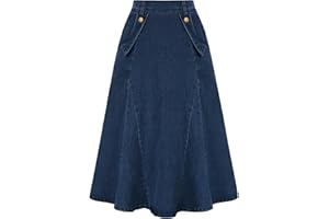 Belle Poque Gonna da donna in jeans, a vita alta, linea ad A, con tasche, vintage, elegante