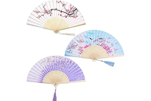 JUHONNZ Handheld Folding Fans - 3 PCS Bamboo and Silk With Tassel, Pocket Japanese Dancing Fans for Wall Decoration and Wedding Gift